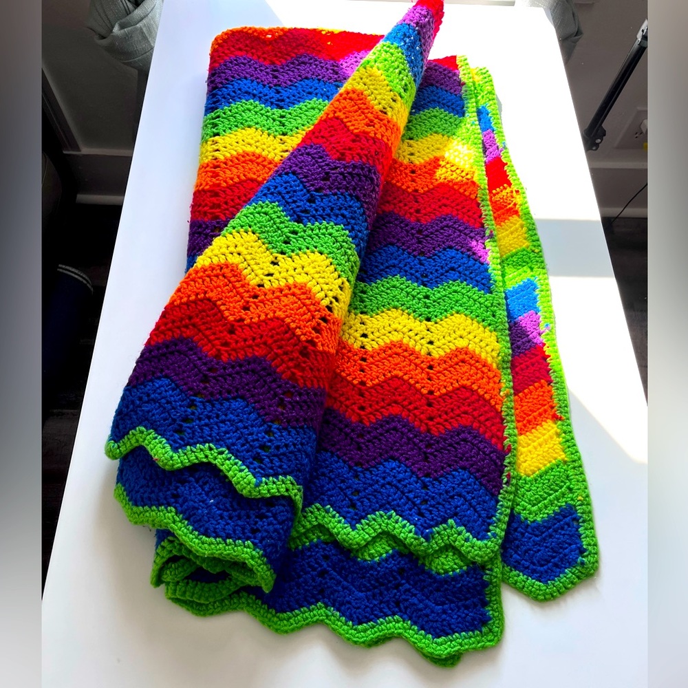 Hand-crocheted Rainbow Throw 65” x 67” LGBTQ